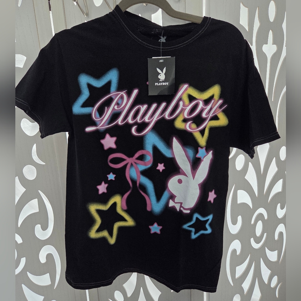 Playboy Black Airbrush Star Bow Graphic T-Shirt NWT Size Small Y2K Retro Style